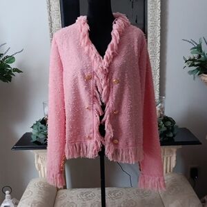 Pink Fringed Cardigan Sweater